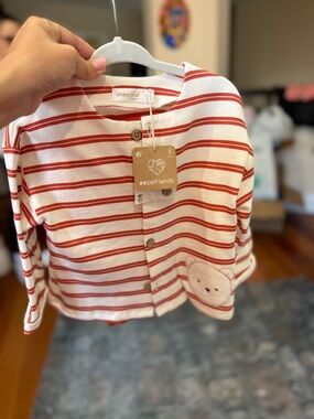 Mayoral Red & Cream Striped Baby Jacket with Bear Patch